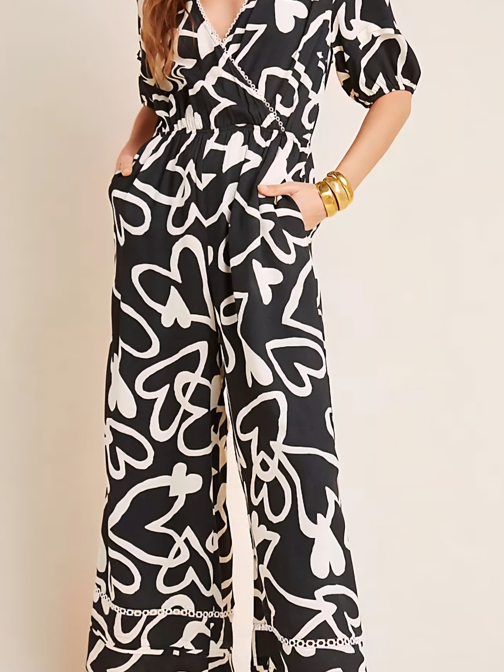 FARM Rio For Anthropologie Sinead Hearts Black White Absract Pattern Jumpsuit